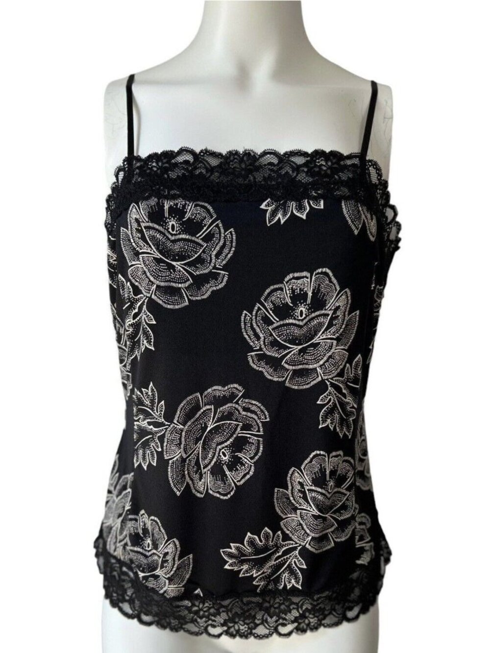 Vintage The Limited Y2K Black Floral Rose Lace Trim Camisole Top M
